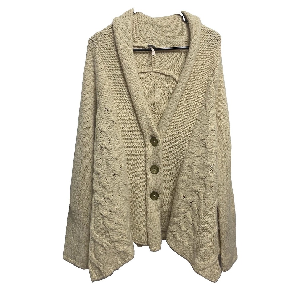 Free People Women Wool Blend Cable Knit Long Cozy Beige Button-Up Cardigan S-EUC